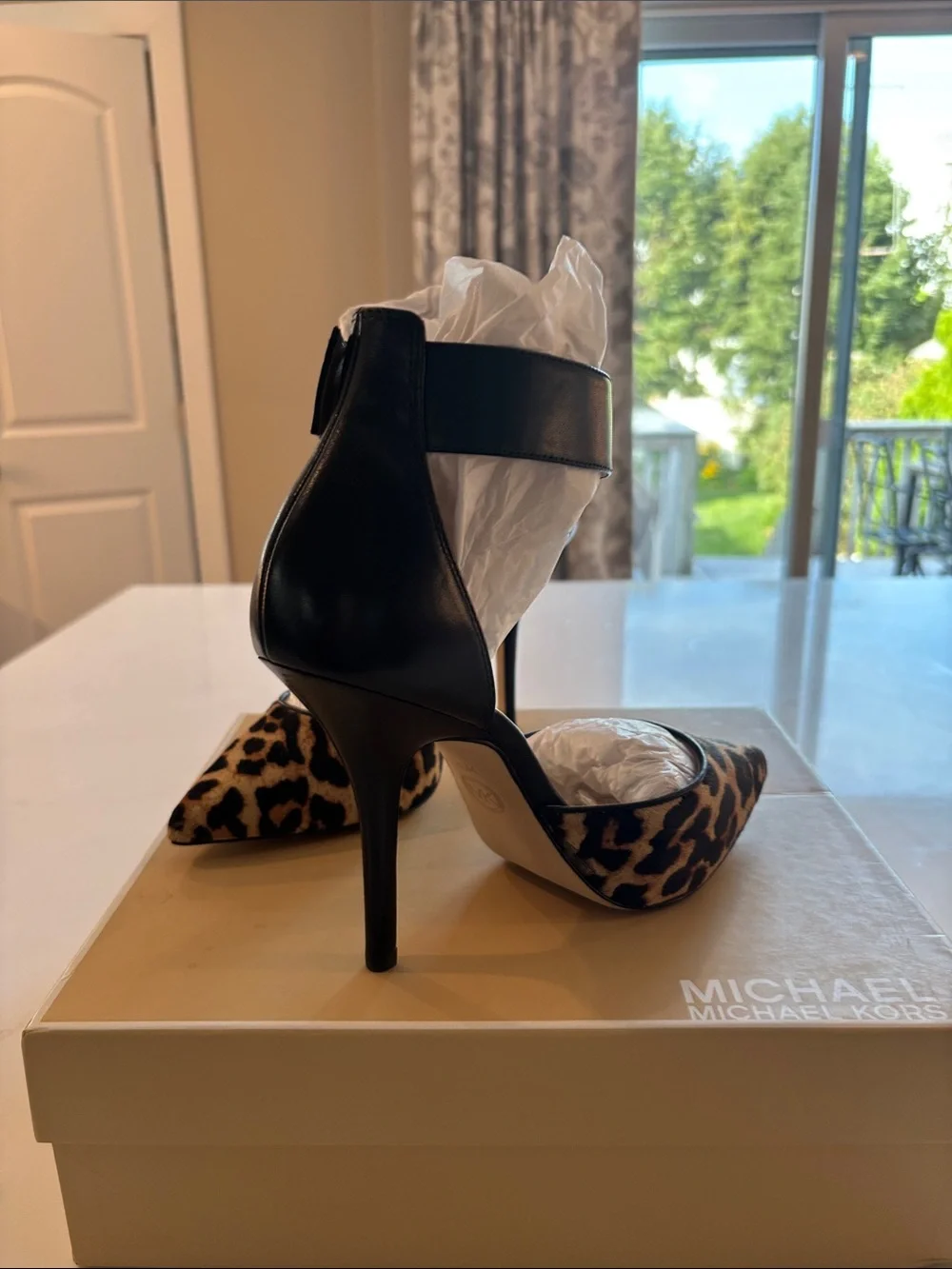 Michael Kors Leopard Print Pointed Toe Ankle-Strap Heels in Natural